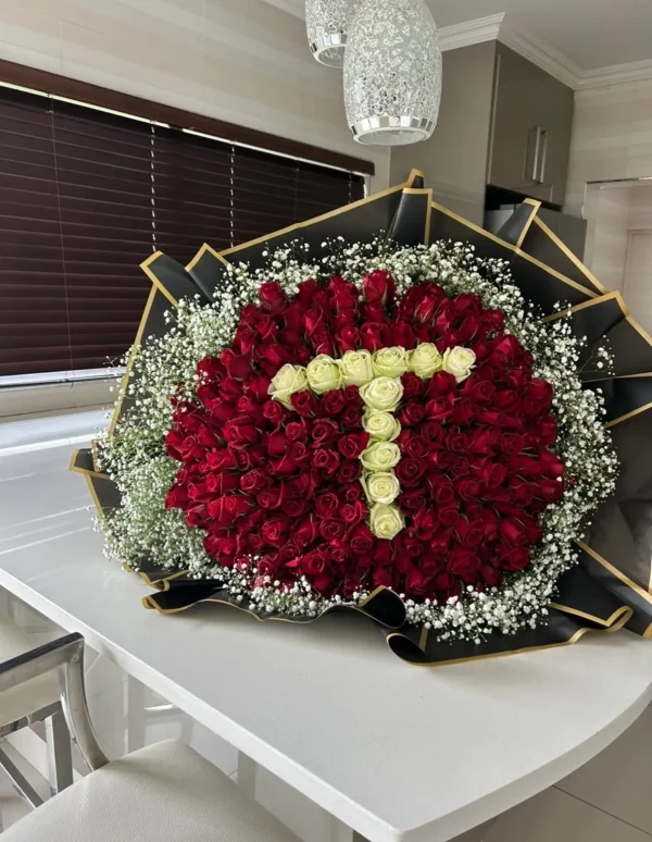 200 Red Roses Wrapped With Baby Breath & Initial