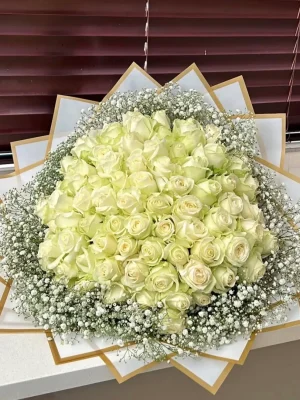 80 white roses wrapped with baby breath