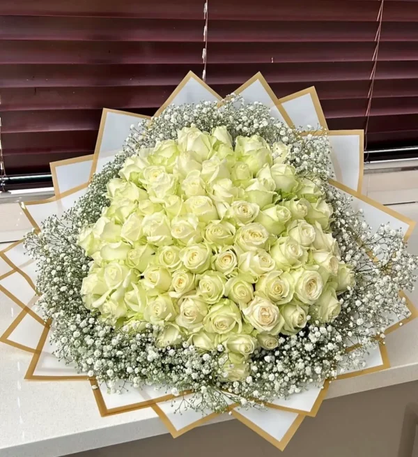 80 white roses wrapped with baby breath