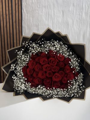 40 Red Roses Wrapped With Baby Breath