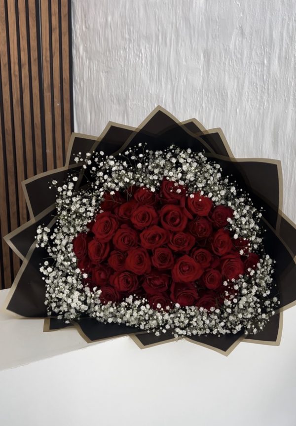 40 Red Roses Wrapped With Baby Breath
